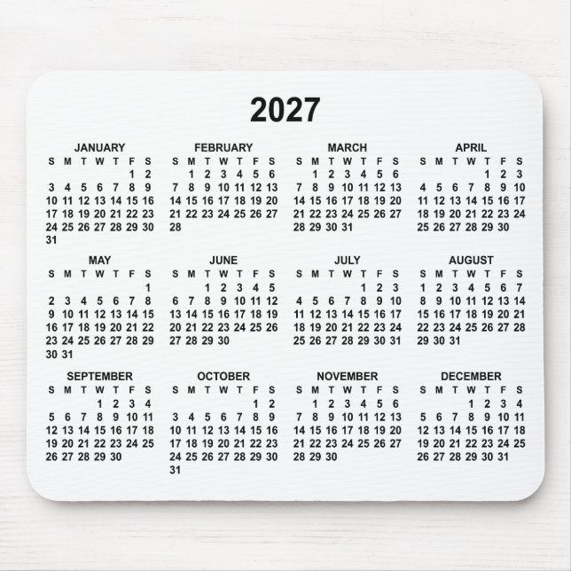 White and Black 2027 Calendar Mouse Mat (Front)