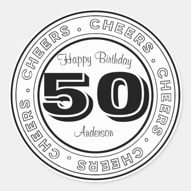 White and Black 50 Birthday Classic Round Sticker (Front)