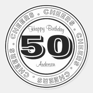 White and Black 50 Birthday Classic Round Sticker