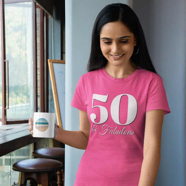 White and Black 50 & Fabulous Pink T-Shirt (50 and Fabulous Birthday Tee)