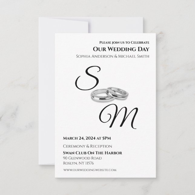 White and Black Affair-Monogram-Wedding Rings- Invitation (Front)