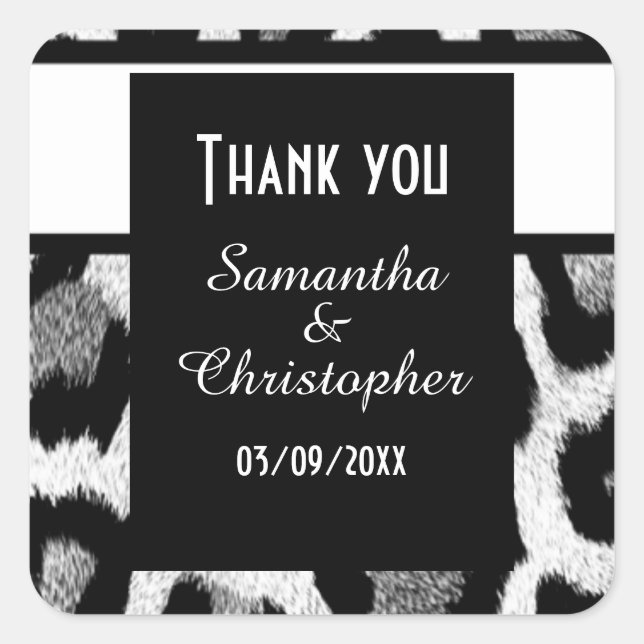 White and black animal print thank you square sticker (Front)