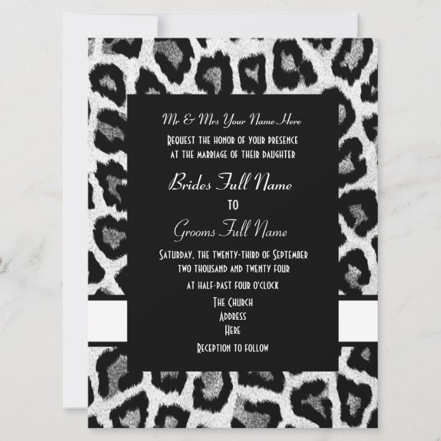 White and black animal print wedding invitation (Front)