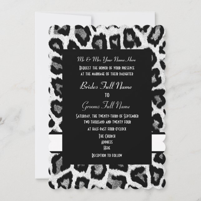 White and black animal print wedding invitation (Front)