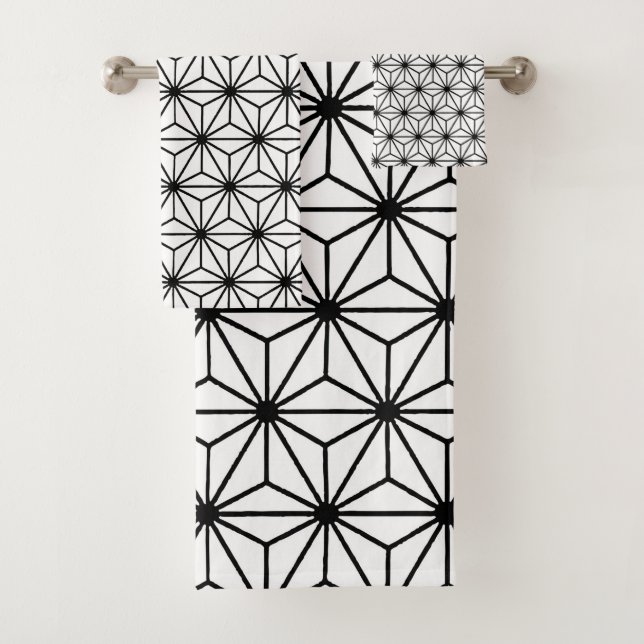 White and Black Art Deco Style Triangles Pattern Bath Towel Set (Insitu)