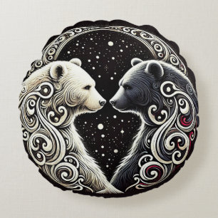 White and Black Bears in a Yin Yang Design Round Cushion