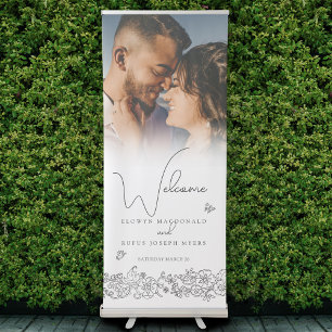 White and black bloom butterflies wedding photo retractable banner