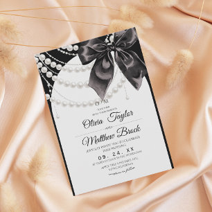 White and Black Bow Pearls Modern Elegant Wedding Invitation