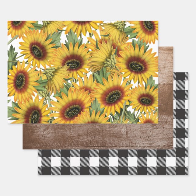 White and Black Buffalo Plaid Wood Sunflowers Wrapping Paper Sheet (Set)