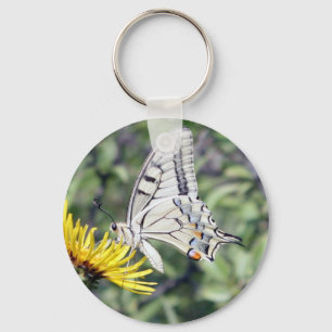 White and Black Butterfly on Yellow Flower Key Ring