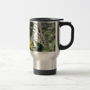 White and Black Butterfly on Yellow Flower Travel Mug