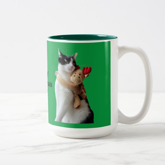 White and Black Cat & Reindeer Christmas Toy Two-Tone Coffee Mug (Right)