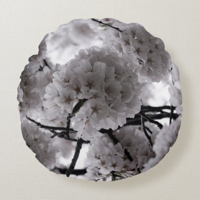 White and Black Cherry Blossoms Round Cushion (Front)