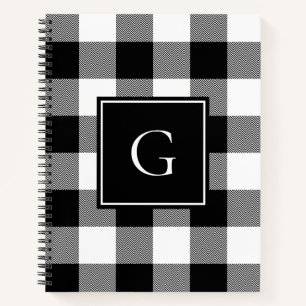 White and Black Chevron Buffalo Plaid Monogrammed Notebook