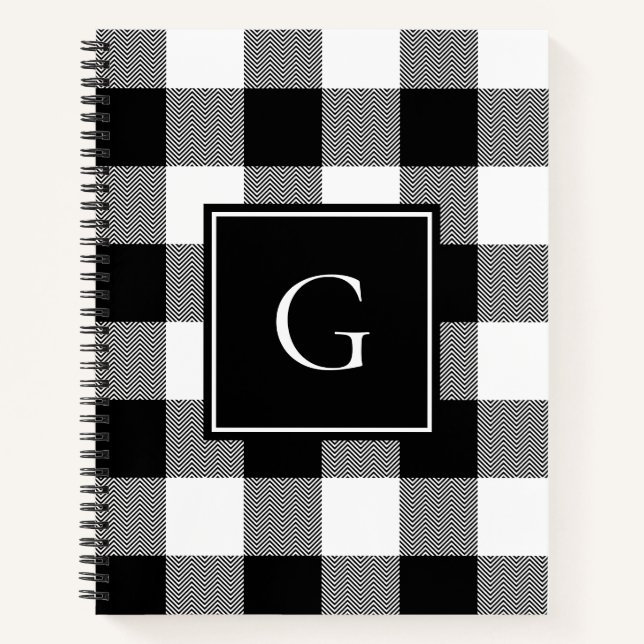 White and Black Chevron Buffalo Plaid Monogrammed Notebook (Front)