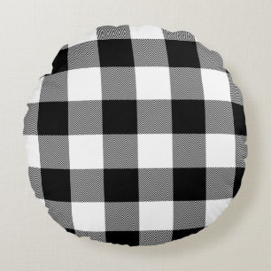 White and Black Chevron Buffalo Plaid Round Cushion