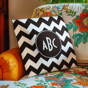 White and Black Chevron Monogram Cushion