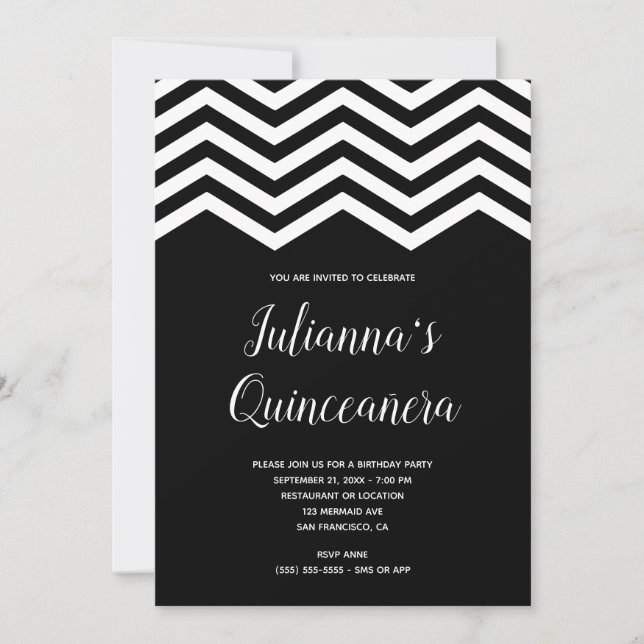 White and Black Chevron Trim Quinceañera Birthday Invitation (Front)