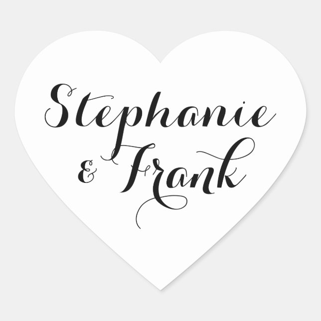 White and Black Curly Calligraphy Wedding Heart Sticker (Front)