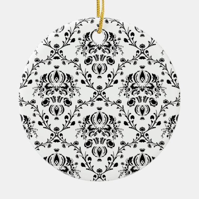 White and Black Damask Ceramic Tree Decoration (Front)