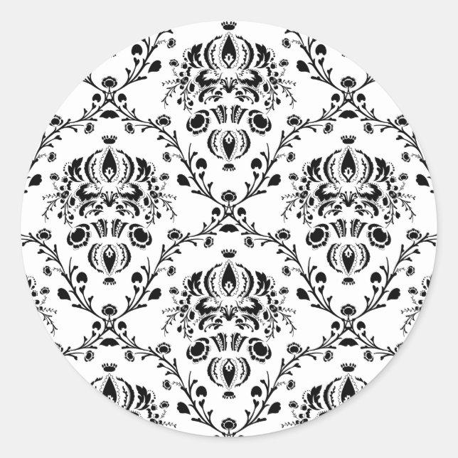 White and Black Damask Classic Round Sticker (Front)