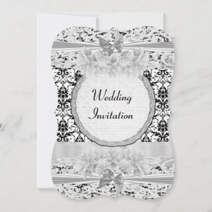 White and black damask floral wedding invitation