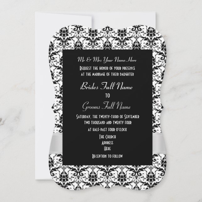 White and black damask formal wedding invitation (Front)