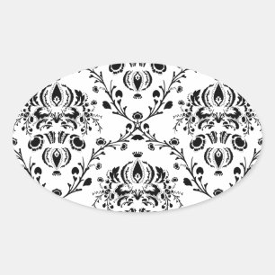 White and Black Damask Oval Sticker