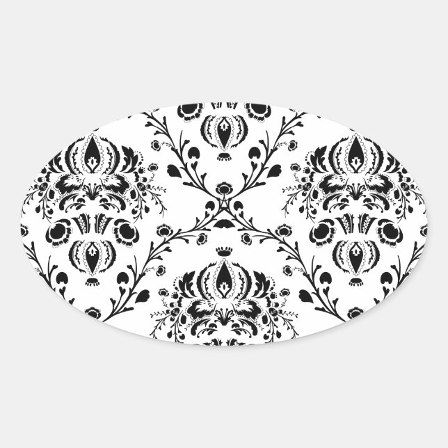 White and Black Damask Oval Sticker (Front)