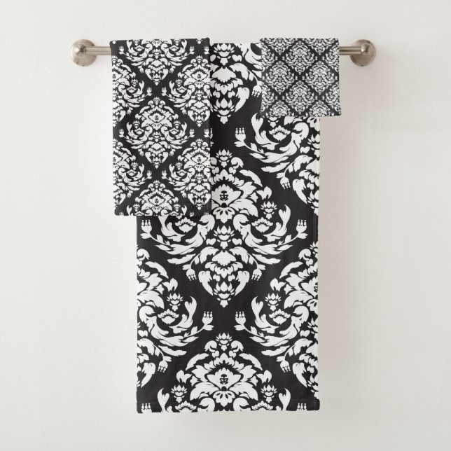 White and Black Damask Pattern Bath Towel Set (Insitu)