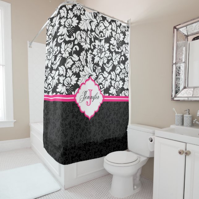 White And Black Damask Pink Stripe 2 Shower Curtain (In Situ)