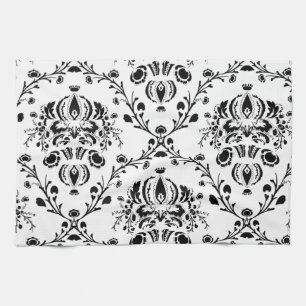 White and Black Damask Tea Towel