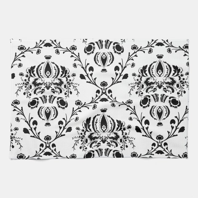 White and Black Damask Tea Towel (Horizontal)