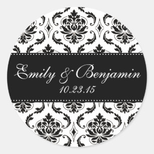 White and Black Damask Wedding Favour Classic Round Sticker