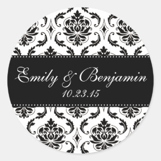 White and Black Damask Wedding Favour Classic Round Sticker