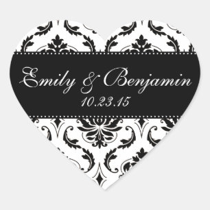 White and Black Damask Wedding Favour Heart Sticker
