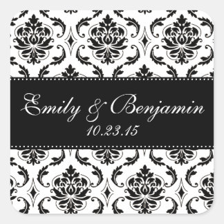 White and Black Damask Wedding Favour Square Sticker