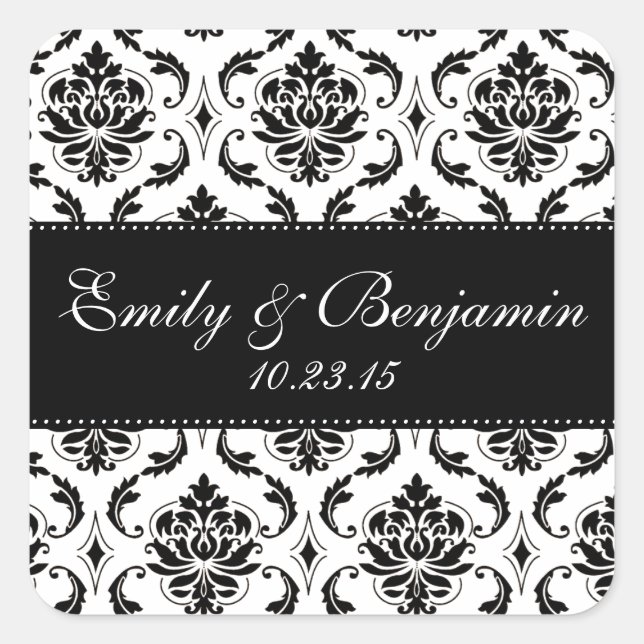 White and Black Damask Wedding Favour Square Sticker (Front)
