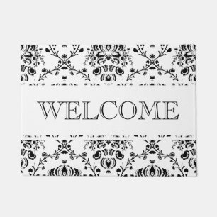 White and Black Damask Welcome Doormat