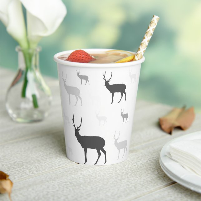 White and black deer silhouette throw pillow paper cups (Insitu)