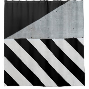 White and black diagonal striped paint on wall shower curtain