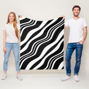 White and Black Diagonal Wavy Lines Pattern Fleece Blanket