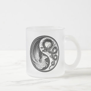 White and Black Dragon Phoenix Yin Yang Frosted Glass Coffee Mug