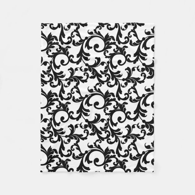 White and Black Elegant Damask Print Fleece Blanket (Front)