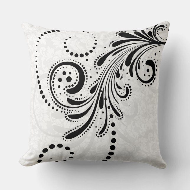 White And Black Elegant Floral Swirl Cushion (Front)