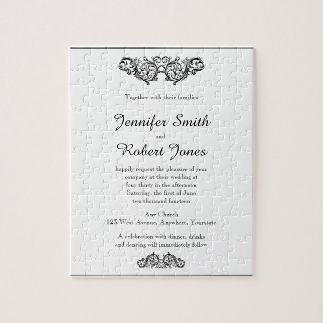 White and Black Floral Filigree Wedding Invitation Jigsaw Puzzle (Vertical)
