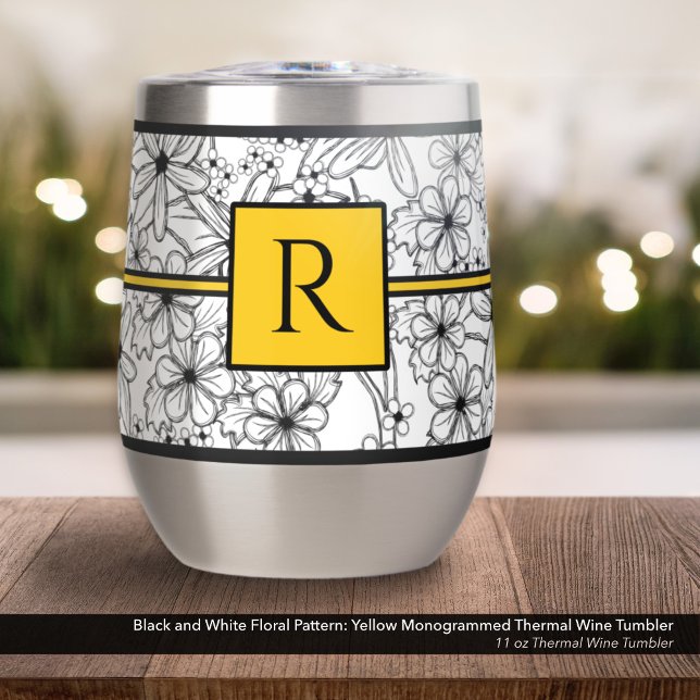White and Black Floral Pattern: Yellow Monogrammed (Black and White Floral Pattern on an 11 oz Thermal Wine Tumbler with Monogram in Yellow)