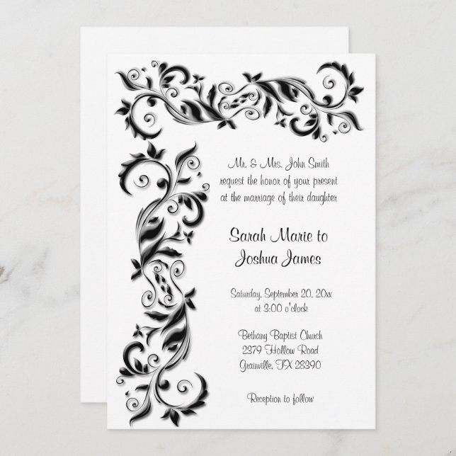 White and Black Floral Scroll Ornate Wedding Invitation (Front/Back)