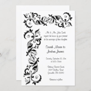 White and Black Floral Scroll Ornate Wedding Invitation