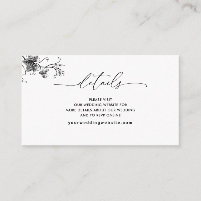 White and Black Floral Wedding Website /Details  Enclosure Card (Front)